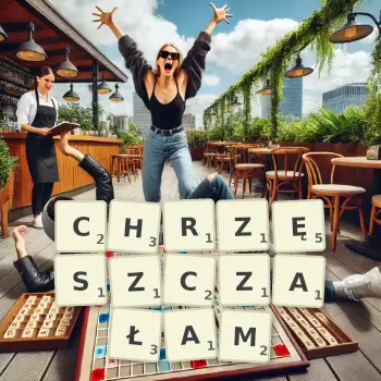 Kreatywna ilustracja do gry w Scrabble ze słowem CHRZĘSZCZAŁAM ułożonym z płytek na planszy.