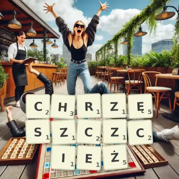 Kreatywna ilustracja do gry w Scrabble ze słowem CHRZĘSZCZCIEŻ ułożonym z płytek na planszy.