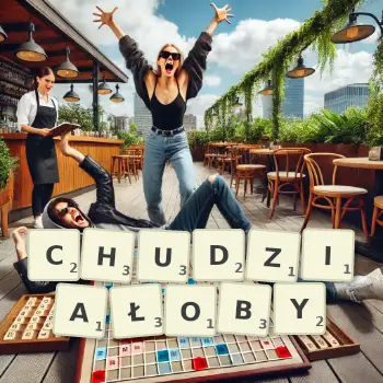 Kreatywna ilustracja do gry w Scrabble ze słowem CHUDZIAŁOBY ułożonym z płytek na planszy.