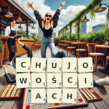 Kreatywna ilustracja do gry w Scrabble ze słowem CHUJOWOŚCIACH ułożonym z płytek na planszy.