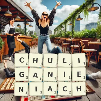 Kreatywna ilustracja do gry w Scrabble ze słowem CHULIGANIENIACH ułożonym z płytek na planszy.