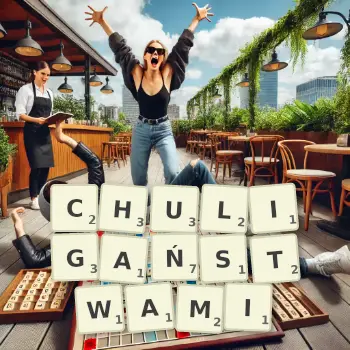 Kreatywna ilustracja do gry w Scrabble ze słowem CHULIGAŃSTWAMI ułożonym z płytek na planszy.