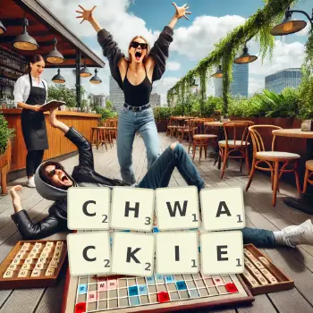 Kreatywna ilustracja do gry w Scrabble ze słowem CHWACKIE ułożonym z płytek na planszy.