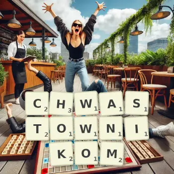 Kreatywna ilustracja do gry w Scrabble ze słowem CHWASTOWNIKOM ułożonym z płytek na planszy.