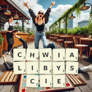 Kreatywna ilustracja do gry w Scrabble ze słowem CHWIALIBYSCIE ułożonym z płytek na planszy.
