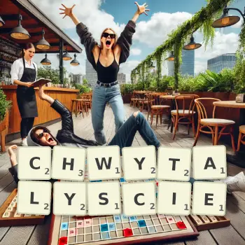 Kreatywna ilustracja do gry w Scrabble ze słowem CHWYTALYSCIE ułożonym z płytek na planszy.