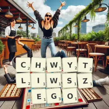 Kreatywna ilustracja do gry w Scrabble ze słowem CHWYTLIWSZEGO ułożonym z płytek na planszy.