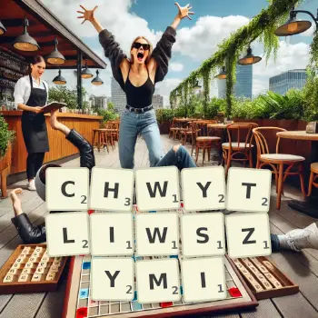Kreatywna ilustracja do gry w Scrabble ze słowem CHWYTLIWSZYMI ułożonym z płytek na planszy.