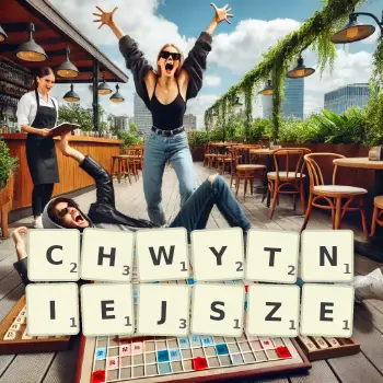 Kreatywna ilustracja do gry w Scrabble ze słowem CHWYTNIEJSZE ułożonym z płytek na planszy.