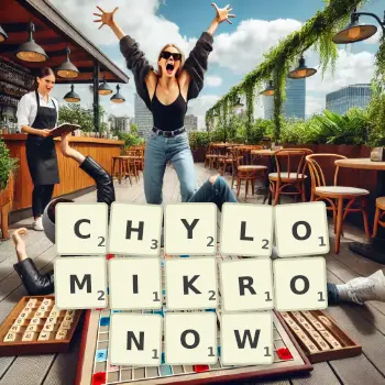 Kreatywna ilustracja do gry w Scrabble ze słowem CHYLOMIKRONOW ułożonym z płytek na planszy.
