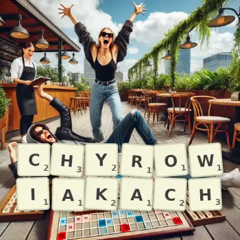Kreatywna ilustracja do gry w Scrabble ze słowem CHYROWIAKACH ułożonym z płytek na planszy.