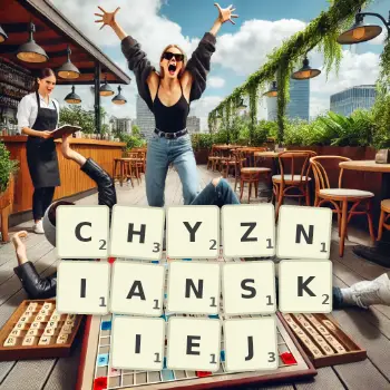 Kreatywna ilustracja do gry w Scrabble ze słowem CHYZNIANSKIEJ ułożonym z płytek na planszy.