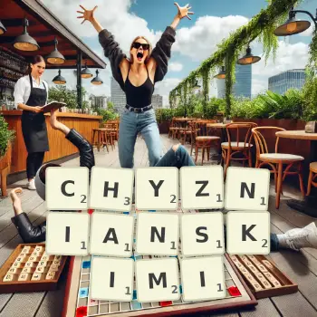 Kreatywna ilustracja do gry w Scrabble ze słowem CHYZNIANSKIMI ułożonym z płytek na planszy.