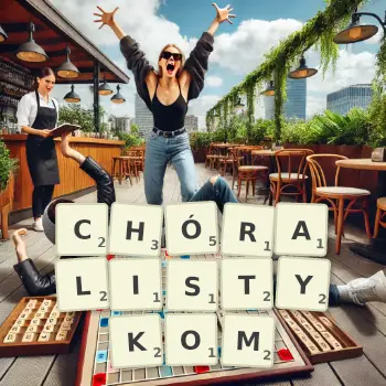 Kreatywna ilustracja do gry w Scrabble ze słowem CHÓRALISTYKOM ułożonym z płytek na planszy.