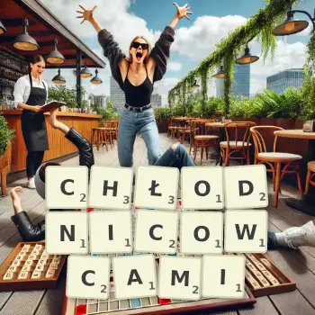 Kreatywna ilustracja do gry w Scrabble ze słowem CHŁODNICOWCAMI ułożonym z płytek na planszy.