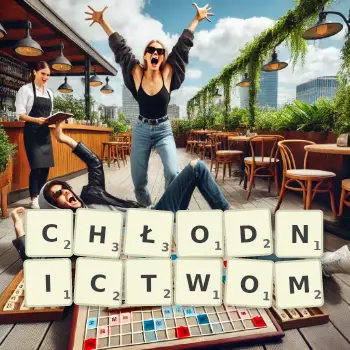 Kreatywna ilustracja do gry w Scrabble ze słowem CHŁODNICTWOM ułożonym z płytek na planszy.