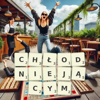 Kreatywna ilustracja do gry w Scrabble ze słowem CHŁODNIEJĄCYM ułożonym z płytek na planszy.