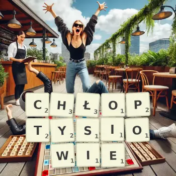 Kreatywna ilustracja do gry w Scrabble ze słowem CHŁOPTYSIOWIE ułożonym z płytek na planszy.
