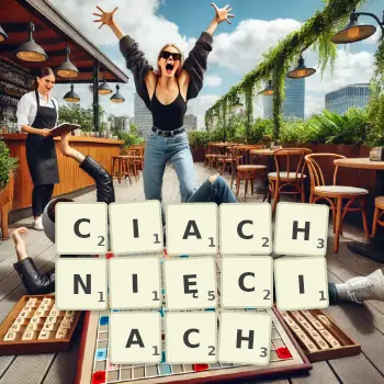 Kreatywna ilustracja do gry w Scrabble ze słowem CIACHNIĘCIACH ułożonym z płytek na planszy.