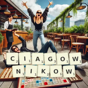 Kreatywna ilustracja do gry w Scrabble ze słowem CIAGOWNIKOW ułożonym z płytek na planszy.