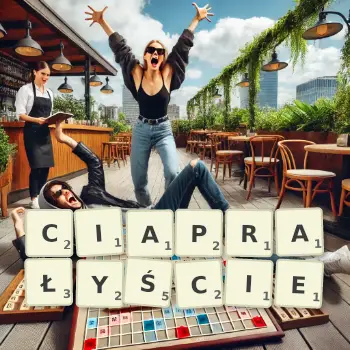 Kreatywna ilustracja do gry w Scrabble ze słowem CIAPRAŁYŚCIE ułożonym z płytek na planszy.
