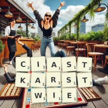 Kreatywna ilustracja do gry w Scrabble ze słowem CIASTKARSTWIE ułożonym z płytek na planszy.