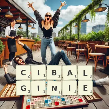 Kreatywna ilustracja do gry w Scrabble ze słowem CIBALGINIE ułożonym z płytek na planszy.