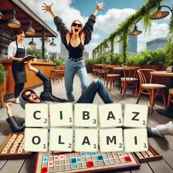 Kreatywna ilustracja do gry w Scrabble ze słowem CIBAZOLAMI ułożonym z płytek na planszy.