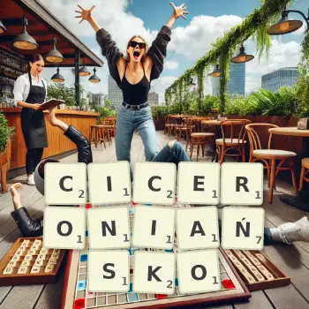 Kreatywna ilustracja do gry w Scrabble ze słowem CICERONIAŃSKO ułożonym z płytek na planszy.