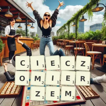 Kreatywna ilustracja do gry w Scrabble ze słowem CIECZOMIERZEM ułożonym z płytek na planszy.