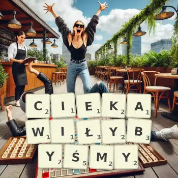 Kreatywna ilustracja do gry w Scrabble ze słowem CIEKAWIŁYBYŚMY ułożonym z płytek na planszy.