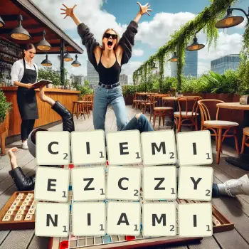 Kreatywna ilustracja do gry w Scrabble ze słowem CIEMIEZCZYNIAMI ułożonym z płytek na planszy.