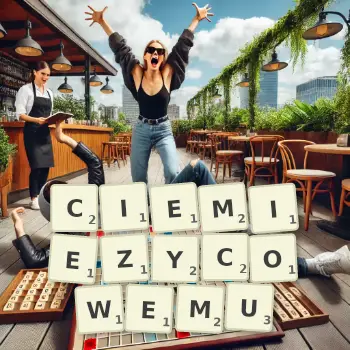 Kreatywna ilustracja do gry w Scrabble ze słowem CIEMIEZYCOWEMU ułożonym z płytek na planszy.