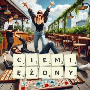 Kreatywna ilustracja do gry w Scrabble ze słowem CIEMIĘŻONY ułożonym z płytek na planszy.