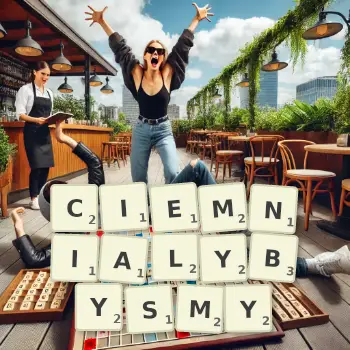 Kreatywna ilustracja do gry w Scrabble ze słowem CIEMNIALYBYSMY ułożonym z płytek na planszy.