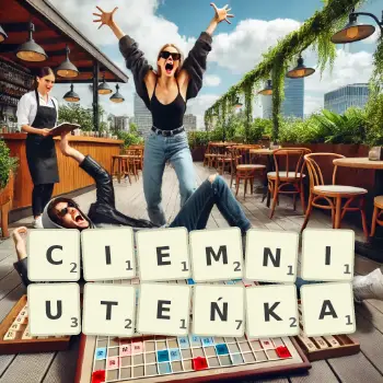 Kreatywna ilustracja do gry w Scrabble ze słowem CIEMNIUTEŃKA ułożonym z płytek na planszy.