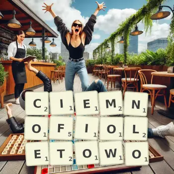 Kreatywna ilustracja do gry w Scrabble ze słowem CIEMNOFIOLETOWO ułożonym z płytek na planszy.