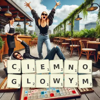 Kreatywna ilustracja do gry w Scrabble ze słowem CIEMNOGLOWYM ułożonym z płytek na planszy.