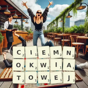 Kreatywna ilustracja do gry w Scrabble ze słowem CIEMNOKWIATOWEJ ułożonym z płytek na planszy.