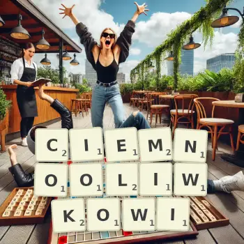 Kreatywna ilustracja do gry w Scrabble ze słowem CIEMNOOLIWKOWI ułożonym z płytek na planszy.