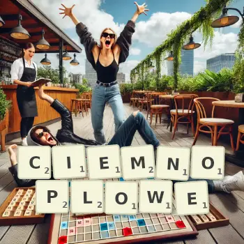 Kreatywna ilustracja do gry w Scrabble ze słowem CIEMNOPLOWE ułożonym z płytek na planszy.