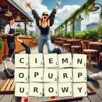 Kreatywna ilustracja do gry w Scrabble ze słowem CIEMNOPURPUROWY ułożonym z płytek na planszy.