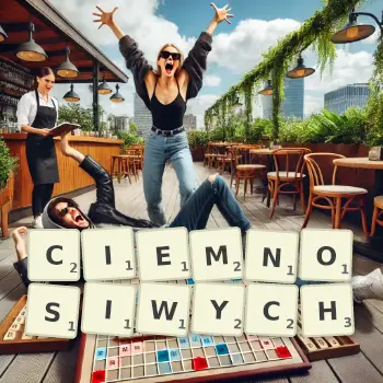 Kreatywna ilustracja do gry w Scrabble ze słowem CIEMNOSIWYCH ułożonym z płytek na planszy.