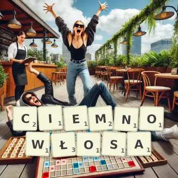 Kreatywna ilustracja do gry w Scrabble ze słowem CIEMNOWŁOSA ułożonym z płytek na planszy.