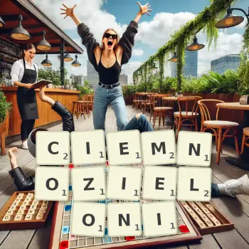 Kreatywna ilustracja do gry w Scrabble ze słowem CIEMNOZIELONI ułożonym z płytek na planszy.