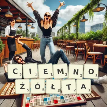 Kreatywna ilustracja do gry w Scrabble ze słowem CIEMNOŻÓŁTA ułożonym z płytek na planszy.