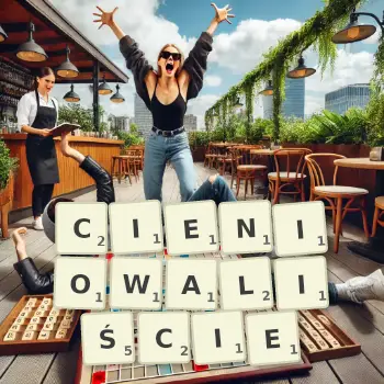 Kreatywna ilustracja do gry w Scrabble ze słowem CIENIOWALIŚCIE ułożonym z płytek na planszy.