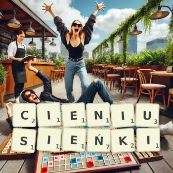 Kreatywna ilustracja do gry w Scrabble ze słowem CIENIUSIEŃKI ułożonym z płytek na planszy.