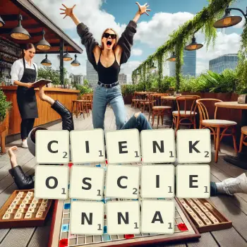 Kreatywna ilustracja do gry w Scrabble ze słowem CIENKOSCIENNA ułożonym z płytek na planszy.