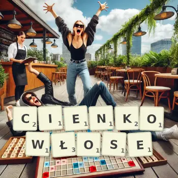 Kreatywna ilustracja do gry w Scrabble ze słowem CIENKOWŁOSE ułożonym z płytek na planszy.